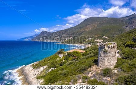 Aerial View Of Corsican Coast With Genoese Watch Tower On Cap Corse Near Farinol. Corsica, France.