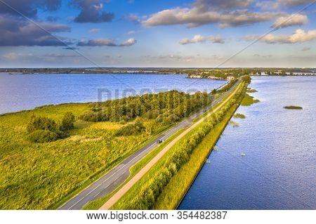 Aerial View Of Causeway Through Weerribben Wieden National Park, Overijssel, Netherlands
