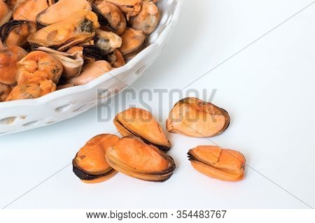 Mussels Without Shell Isolated On White Background.