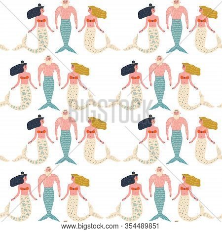 Vector Seamless Pattern With Cute Flat Mermaids And Mermans In Blue And Orange Pastel Color. Beautif