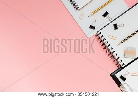 Mockup Planner Flat Lay, Top Horizontal View Pink Background. Notepad And Notebooks With Stationary.