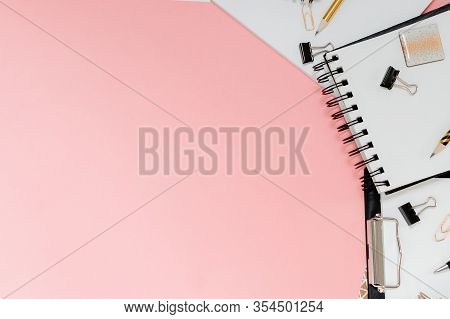 Mockup Planner Flat Lay, Top Horizontal View Pink Background. Notepad And Notebooks With Stationary.
