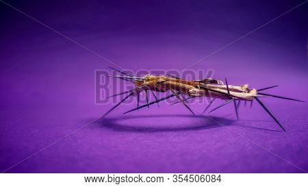 Lent Season,holy Week And Good Friday Concepts - Image Of Crown Of Thorns In Purple Vintage Backgrou