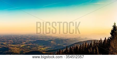 View From A Peak Of Rocky Austrian Mountain Schockl In Styria Graz. Place For Tourism And Hiking Rec