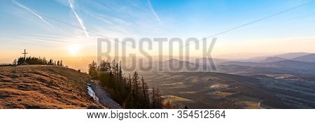Panorama Landscape View During Sunset In Spring From Graz Schockl Mountain In Styria, Austria. Famou