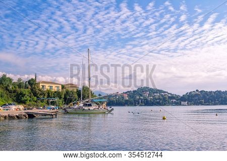 Corfu Island/greece- May 9, 2019: View Of Beautiful Gouvia Village - Sea Bay With Calm Water And Duc