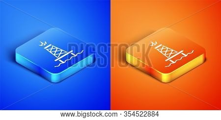 Isometric Oil Rig With Fire Icon Isolated On Blue And Orange Background. Gas Tower. Industrial Objec