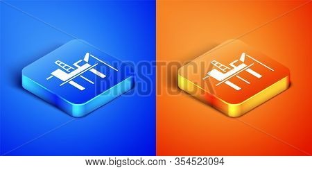 Isometric Oil Platform In The Sea Icon Isolated On Blue And Orange Background. Drilling Rig At Sea. 