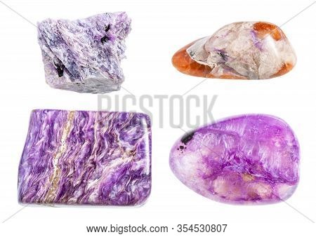 Set Of Various Charoite Gemstones Isolated On White Background