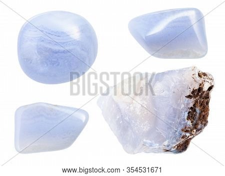 Set Of Sapphirine (blue Lace Agate, Chalcedony) Gemstones Isolated On White Background