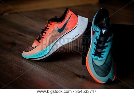 Bangkok, Thailand, March 7. 2020: Nike Running Shoes Vaporfly Next%. Controversial Athletics Maratho