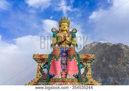 A Statue Of Maitreya Buddha At Diskit Monastery, Nubra Valley, Ladakh, Jammu And Kashmir, India. It 