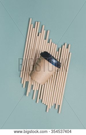 Craft Coffee Cups With Paper Straw On Gray Background. Eco Friendly Design. Zero Waste, Plastic Free