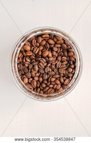 Fresh Coffee Beans From Ethiopia In A Glass Jar. Variety Of Ethiopia Yirgacheffe.