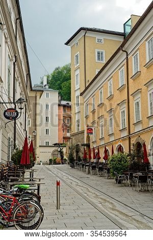 Salzburg, Austria - May 26, 2019: Richard-mayr-gasse, A One-block Pedestrian-only Street In The Old 