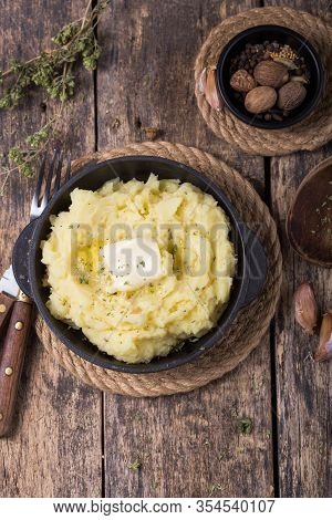 Fresh Homemade Creamy Mashed Potato Or  Potato Puree In Pan. Mashed Potato