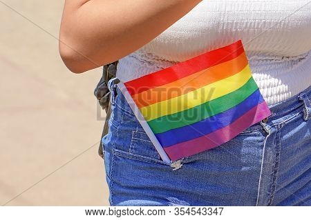 Woman Lesbian Walking In The Gay Pride Parade. Parade Of Tolerance. The Annual Parade Lgbt. Rainbow 