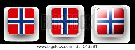 Set Of 3 Vector Labels Of Norway Flag Shield Button, Flat And Volumetric Style In Flag Colors Red, B