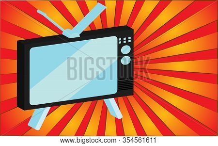 Retro Old Antique Tv From The 70s, 80s, 90s, 2000s Against A Background Of Abstract Red Rays. Vector