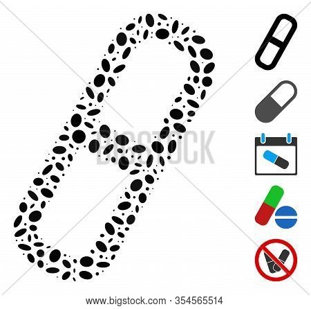 Dot Mosaic Based On Pill. Mosaic Vector Pill Is Formed With Scattered Ellipse Dots. Bonus Icons Are 