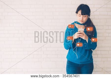 Beautiful Young Asian Woman Using Smart Mobile Phone Looking And Social Media Online, Asia Girl Havi