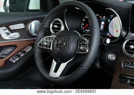 Novosibirsk, Russia - March 06, 2020:  Mercedes-benz  Glc-class, Luxury Car Interior - Dashboard, Pl