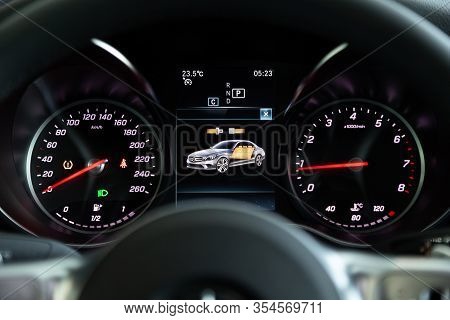 Novosibirsk, Russia - March 06, 2020:  Mercedes-benz  C-class, Dashboard Of The Car Is Illuminated B