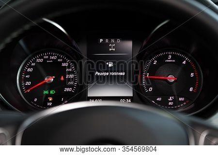 Novosibirsk, Russia - March 06, 2020:  Mercedes-benz X-class, Dashboard Of The Car Is Illuminated By