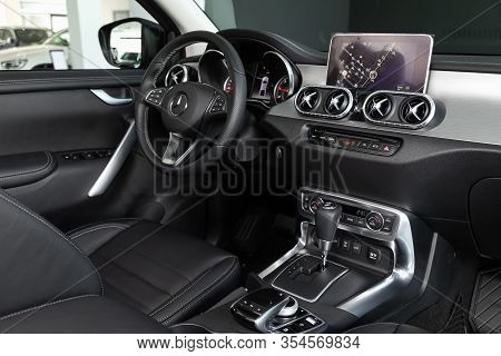 Novosibirsk, Russia - March 06, 2020:  Mercedes-benz X-class, Luxury Car Interior - Steering Wheel, 
