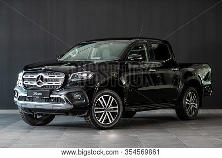 Novosibirsk, Russia - March 06, 2020:  New Black Mercedes-benz  X-class,   Front View.   Luxury  Pic