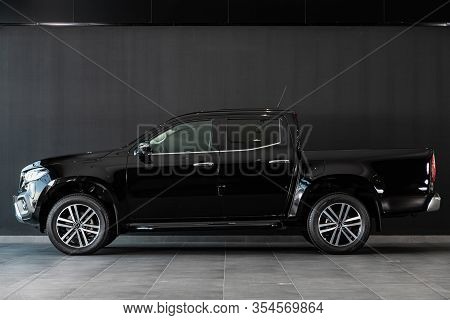 Novosibirsk, Russia - March 06, 2020: New Black Mercedes-benz  X-class,   Side View.   Luxury  Picku