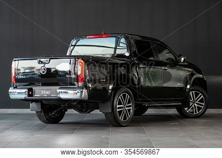 Novosibirsk, Russia - March 06, 2020:  New Black Mercedes-benz  X-class,   Back View.   Luxury  Pick