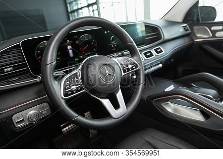 Novosibirsk, Russia - March 06, 2020:  Mercedes-benz  Gls-class, Luxury Car Interior - Steering Whee