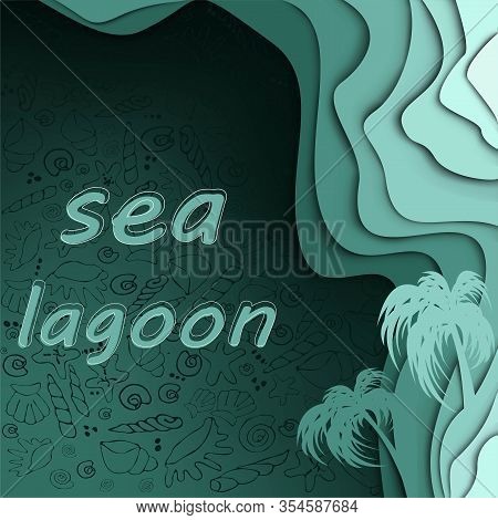 Summer Background. Paper Design. Palm Trees And Waves On A Sea Background With Shells And Clams. Gra