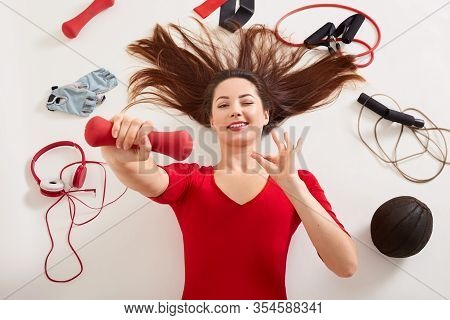Strong Young Caucasian Sports Fitness Woman Wearing Red Shirt Working Out With Dumbblells, Lady Layi