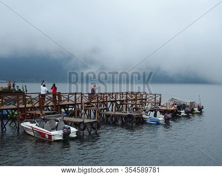 Tabanan Bali, Indonesia - August 24, 2019: Speed Boats For Rent At Beratan Lake In Bedugul Bali.