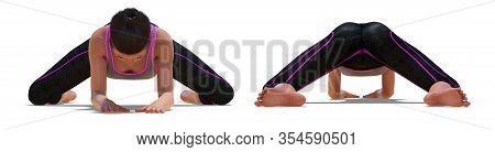 3d Illustration Of Front And Back Poses Of A Virtual Woman In Yoga Frog Pose With A White Background