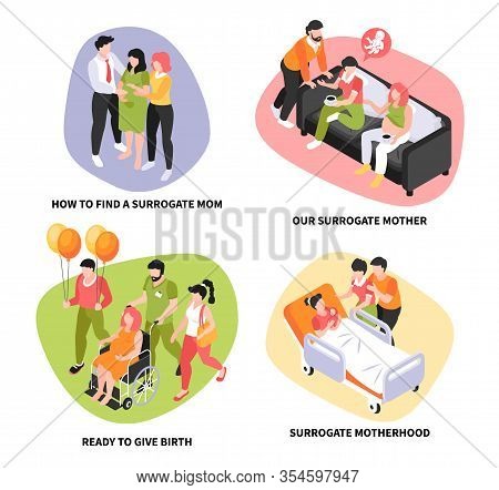 Set Of Four Isolated Isometric Surrogacy Compositions With Editable Text And Human Characters Of Adu