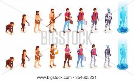 Human Evolution Of Man And Woman From Ape Monkey To Office Worker And Cyborg. People Evolution Proce
