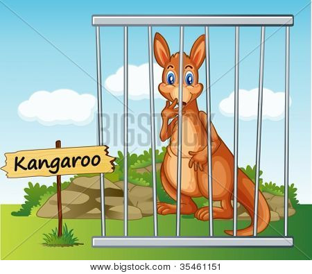 Illustration der ein Känguru im Käfig und Holzbrett