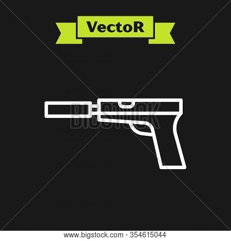 White Line Pistol Or Gun With Silencer Icon Isolated On Black Background. Vector Illustration