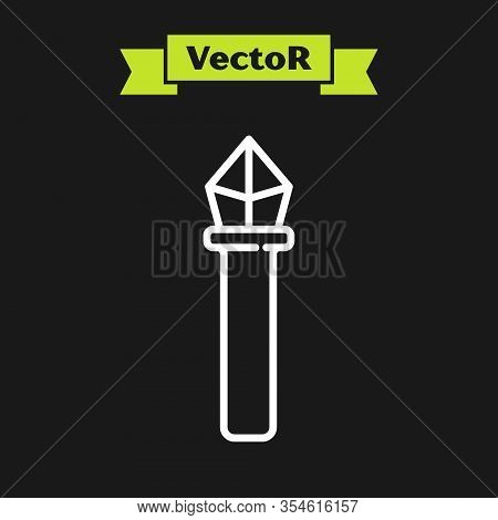 White Line Magic Staff Icon Isolated On Black Background. Magic Wand, Scepter, Stick, Rod. Vector Il