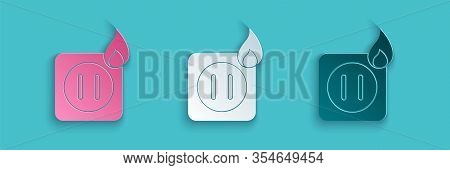 Paper Cut Electric Wiring Of Socket In Fire Icon Isolated On Blue Background. Electrical Safety Conc