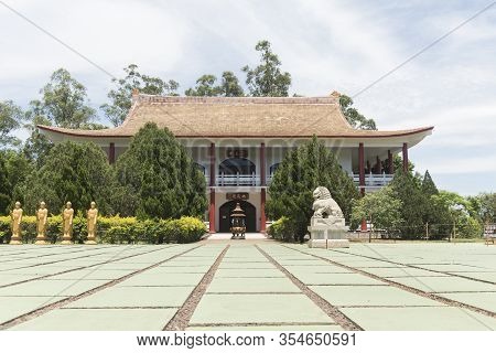 Foz Do Iguacu, Parana / Brazil; Dec 17, 2017: Chen Tien Buddhist Temple, Buddhas Square, Statues Rep