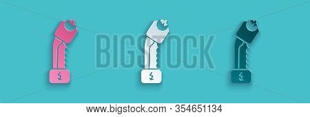 Paper Cut Police Electric Shocker Icon Isolated On Blue Background. Shocker For Protection. Taser Is