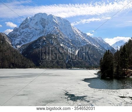 Peacefully Scene With Little Lake With Ice In Central Europe In Winter