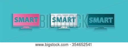Paper Cut Screen Tv With Smart Video Technology Icon Isolated On Blue Background. Paper Art Style. V