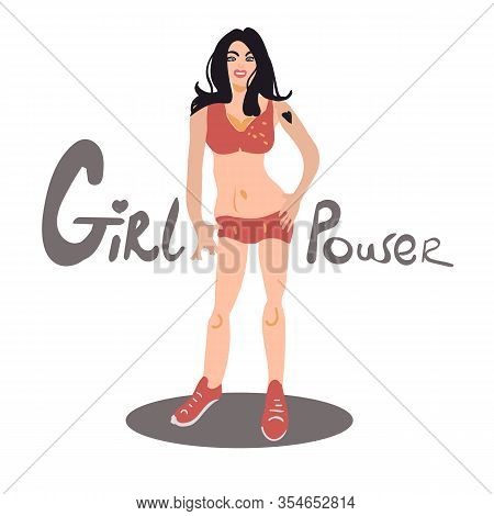 Sport Girl Or Feminist Activist. Female Cartoon Character Solated On White Background. Flat Colored 