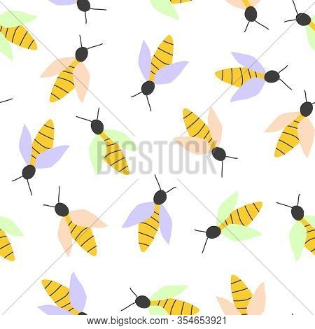 Seamless Pattern With Colorfool Bees In Flat Style. Cute Cartoon Characters.