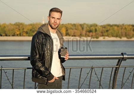 Idyllic Morning. Hipster Hold Paper Coffee Cup. Coffee Break. Drink It On Go. Man Hipster Hold Coffe
